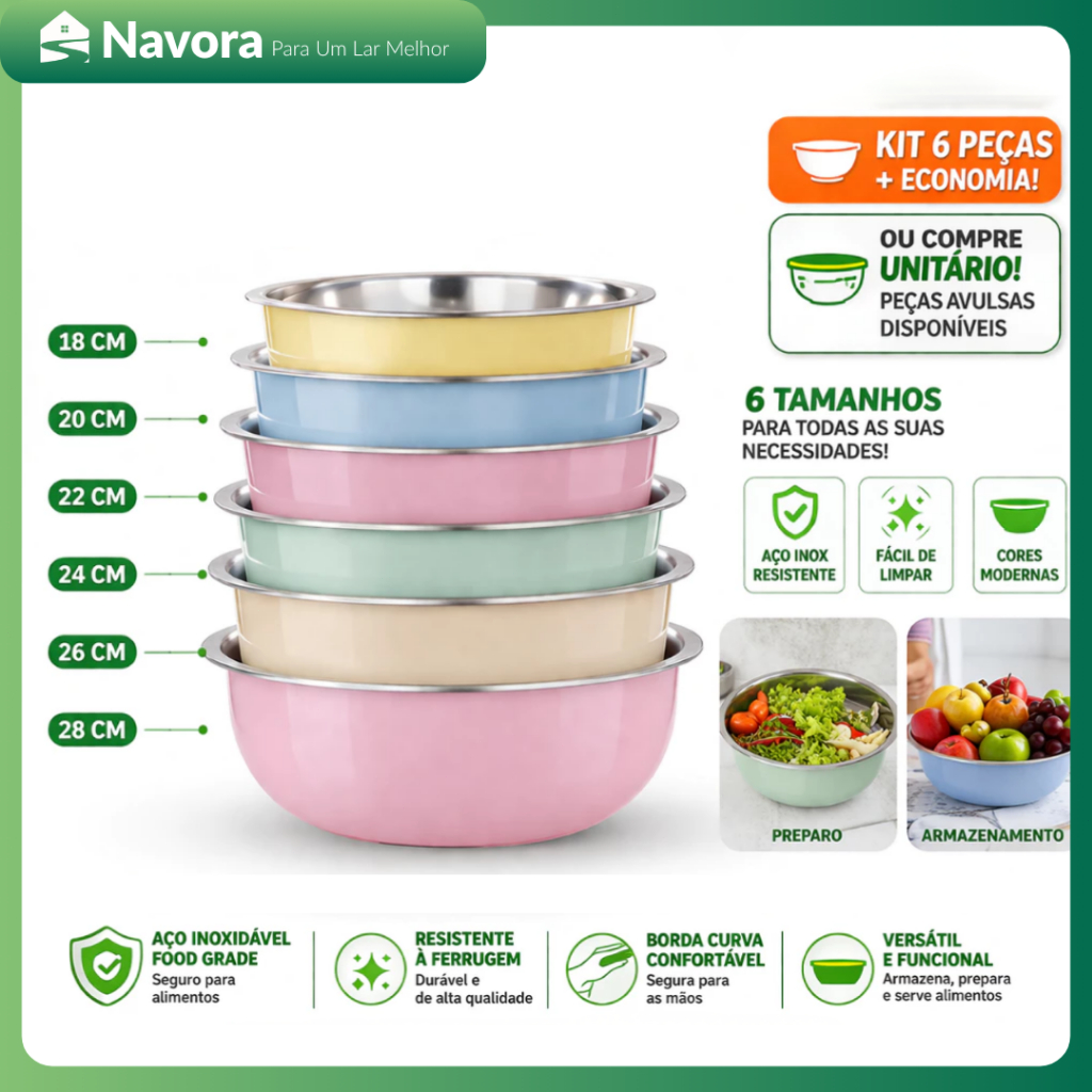 Kit 6 Tigelas Aço Inox Multiuso Saladeira Bacia Para Cozinha