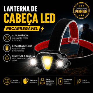 Lanterna de Cabeça LED Recarregável USB Alta Potência