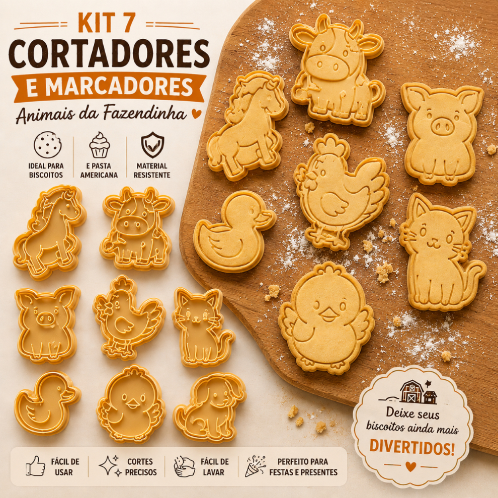 Kit 7 Cortadores e Marcadores de Biscoito Animais da Fazendi
