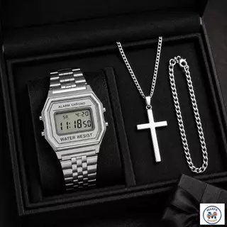 Kit Relógio Retrô + Correntinha de 60cm + Crucifixo Masculino Aço Inox + Pulseira Unissex