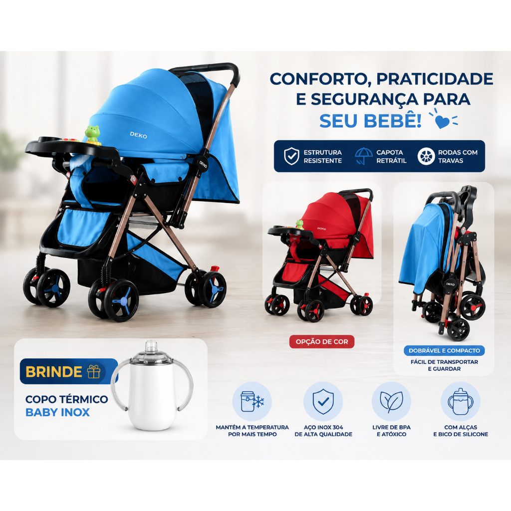 DRT TiNYKLASH BabyBlue LO Hiセット Carrinho de Bebê Passeio Reclinável com Bandeja Brinquedos e