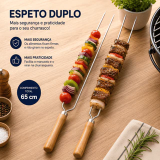 Espeto Duplo 65cm Para Churrasco Cabo Madeira Aço Cromado Churrasqueiro Oferta