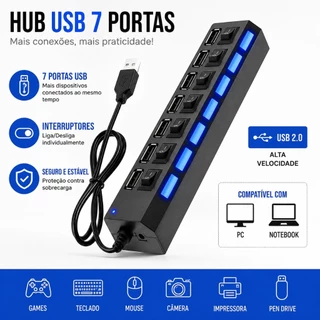 Hub Usb Cabo Extensor Régua Usb 3.0 / 2.0 7 Portas Velocidade Rapida Hd Pen Drive Pc Notebook