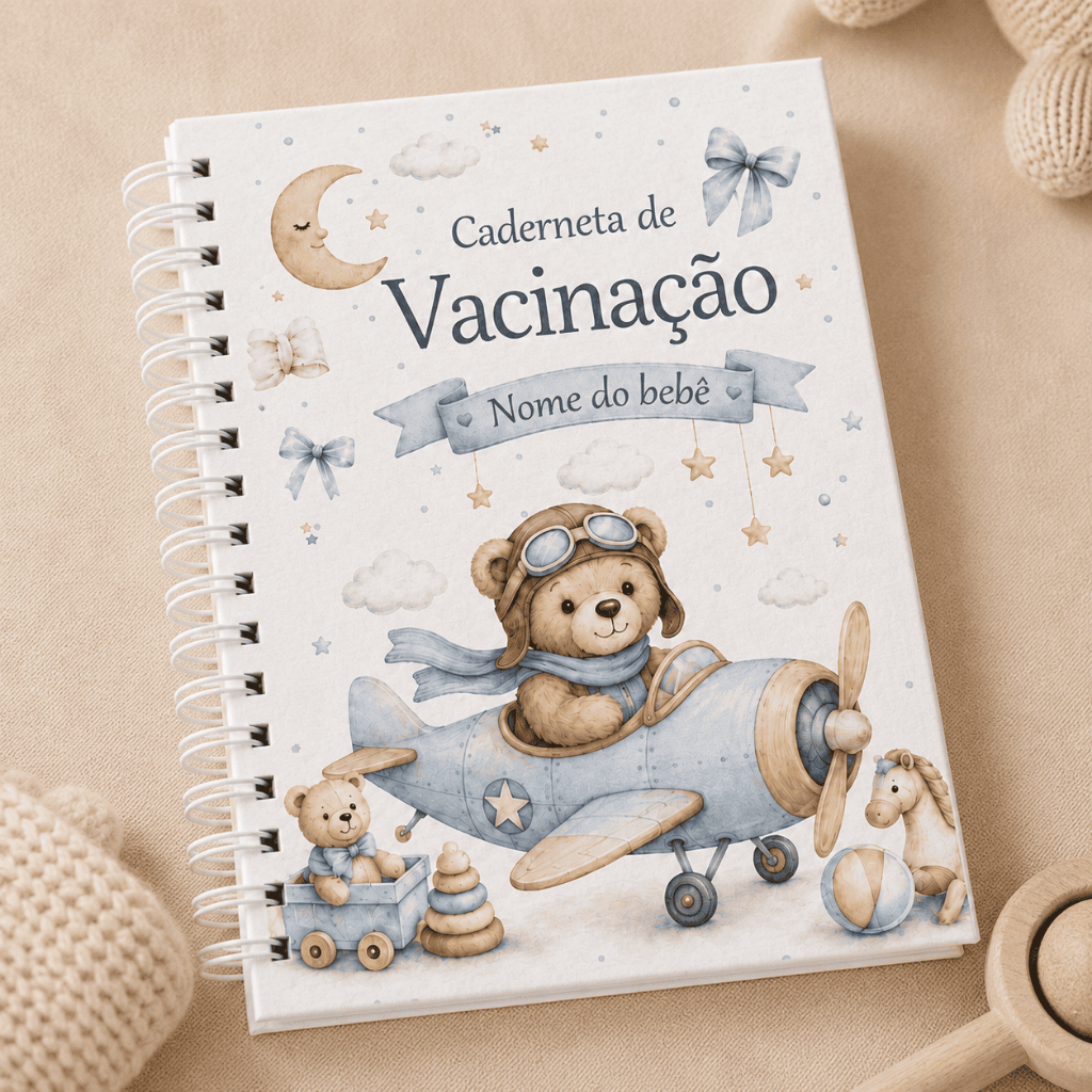 Caderneta de Vacinação do bebê Personalizada com Nome - Ursinho Aviador