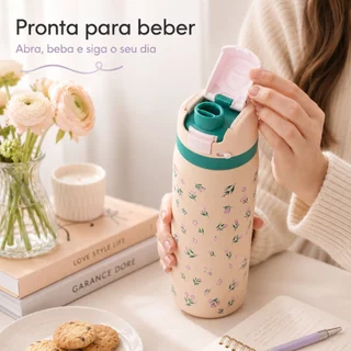 Vedação Hermética Anti-Gotejamento | Garrafa Térmica 710/1000ml Tampa Dupla, Fundo Antideslizante e Boca Suave