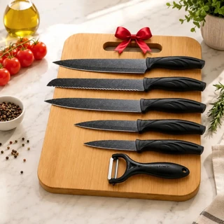 Jogo De Facas Em Aço Inox Conjunto 7 Peças Kit Churrasco Cozinha Brinde Tábua Aquattro