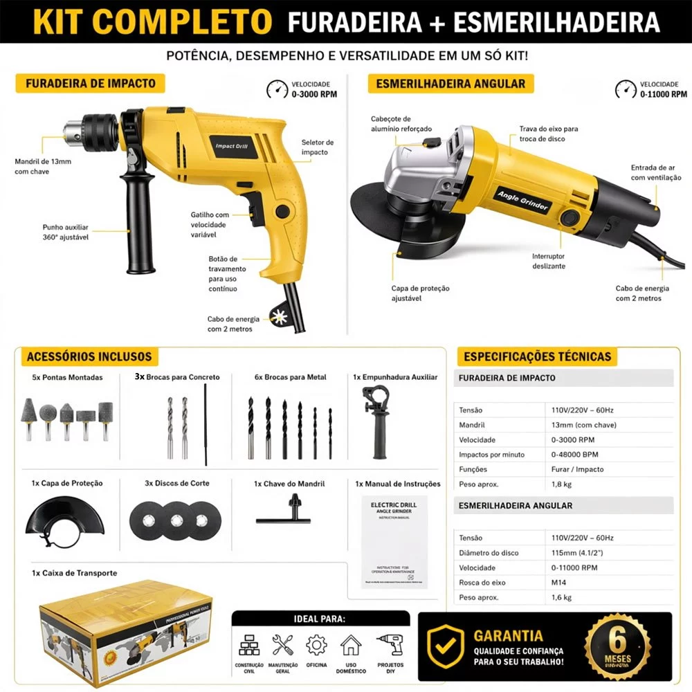 Kit 2 Peças Furadeira Parafusadeira e Esmerilhadeira Elétrica com Fio Alta Potência Ferramenta Profissional - Imagem 3