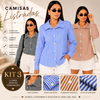 Kit 3 Camisa Feminina Listrada Social Manga Longa Elegante Crepinho Casual Escritório Premium