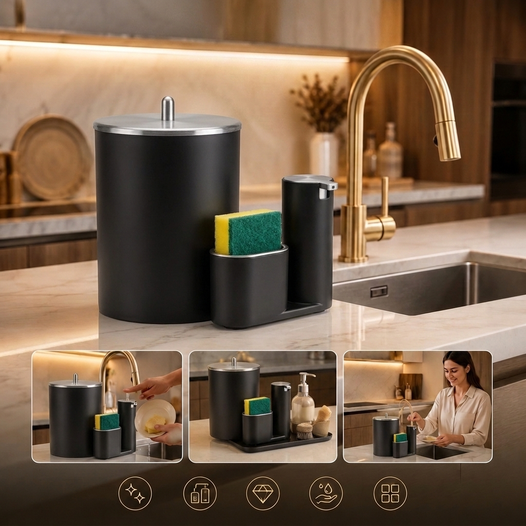 Kit Lixeira de Cozinha 5L + Dispenser Porta Detergente