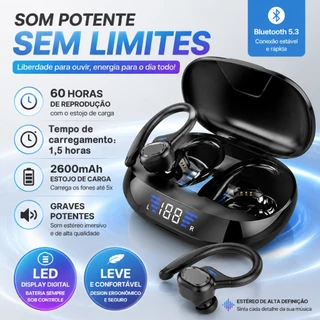 Fone de Ouvido Bluetooth 5.3 TWS com LED Digital, 60h de Bateria, Graves Potentes, Estojo 2600mAh, Som Estéreo
