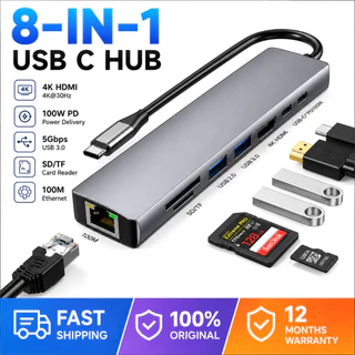 Hub USB-C 8 em 1 USB 2.0/3.0 HDMI 4K RJ45 Rede SD TF Docking Station Extensão Alta Velocidade