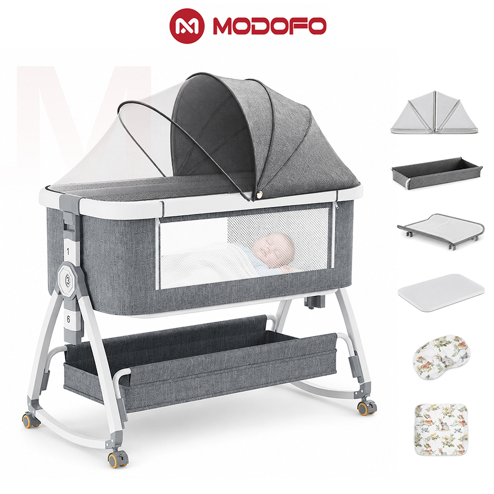 Berço Portátil Moisés 7 em 1 Co-Bed para Bebê com Balanço Mosquiteiro Trocador Cesto e Altura Regulável Kiumo
