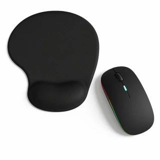 Kit Mouse Sem Fio Recarregável Mousepad Ergonômico Apoio Pulso Conforto Silencioso USB LED