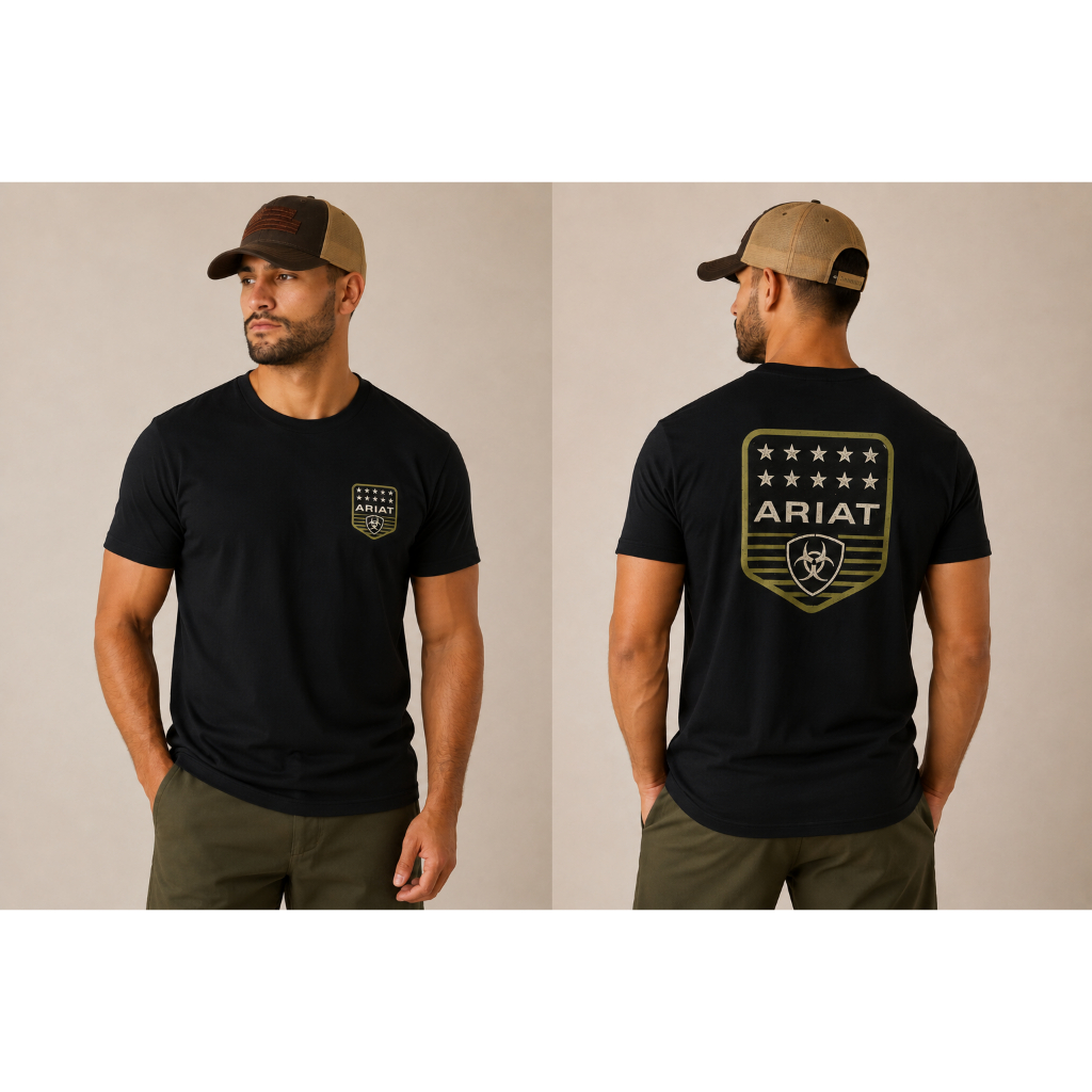 Camiseta Masculina Country Ariat Estampada Frente e Costas Rodeio