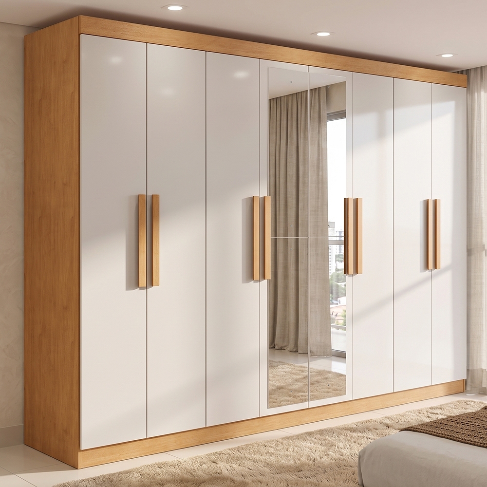 Guarda-roupa Casal Easy Slim 8 Portas Com Espelho Amendoa Clean/Off White