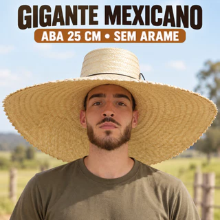 Chapéu de Palha Carnaúba Mexicano Gigante Sombreiro Aba 25cm Sem Arame Roça Sítio Fazenda Pesca Trabalho Rural