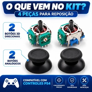 Kit 2 Analógicos 3D + 2 Capas Grips Compatível Controle PS4 Dualshock 4 Playstation 4 Reparo Drift