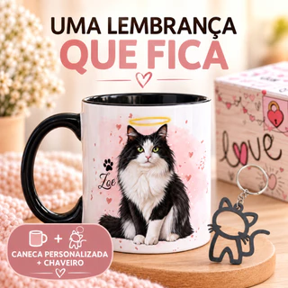 Caneca Xicara Personalizada Pet Gato Cachorro Com Chaveiro e Caixa Presente Lembrança Presente Personalizado