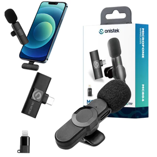 Microfone Lapela Sem Fio Onistek Type-C e Lightning 2.4G Bateria 3-4h para iPhone e Android