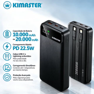 Carregador Portátil Power Bank Kimaster 10000mah Ou 20000mah Carregamento Com Fio Embutido Entrada Tipo C