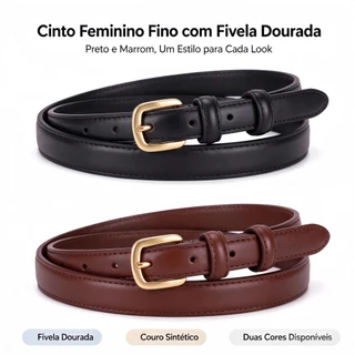 Cinto feminino ajustável com fivela dourada, estilo retrô e de faixa fina, compatível com jeans e vestidos, nas cores pr