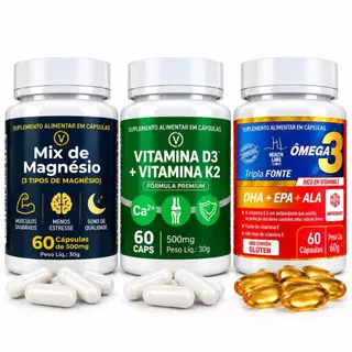 Kit Suplementos V Mix de Magnésio Vitamina D3 + Vitamina K2 Ômega 3 Gel com 60 Cápsulas cada