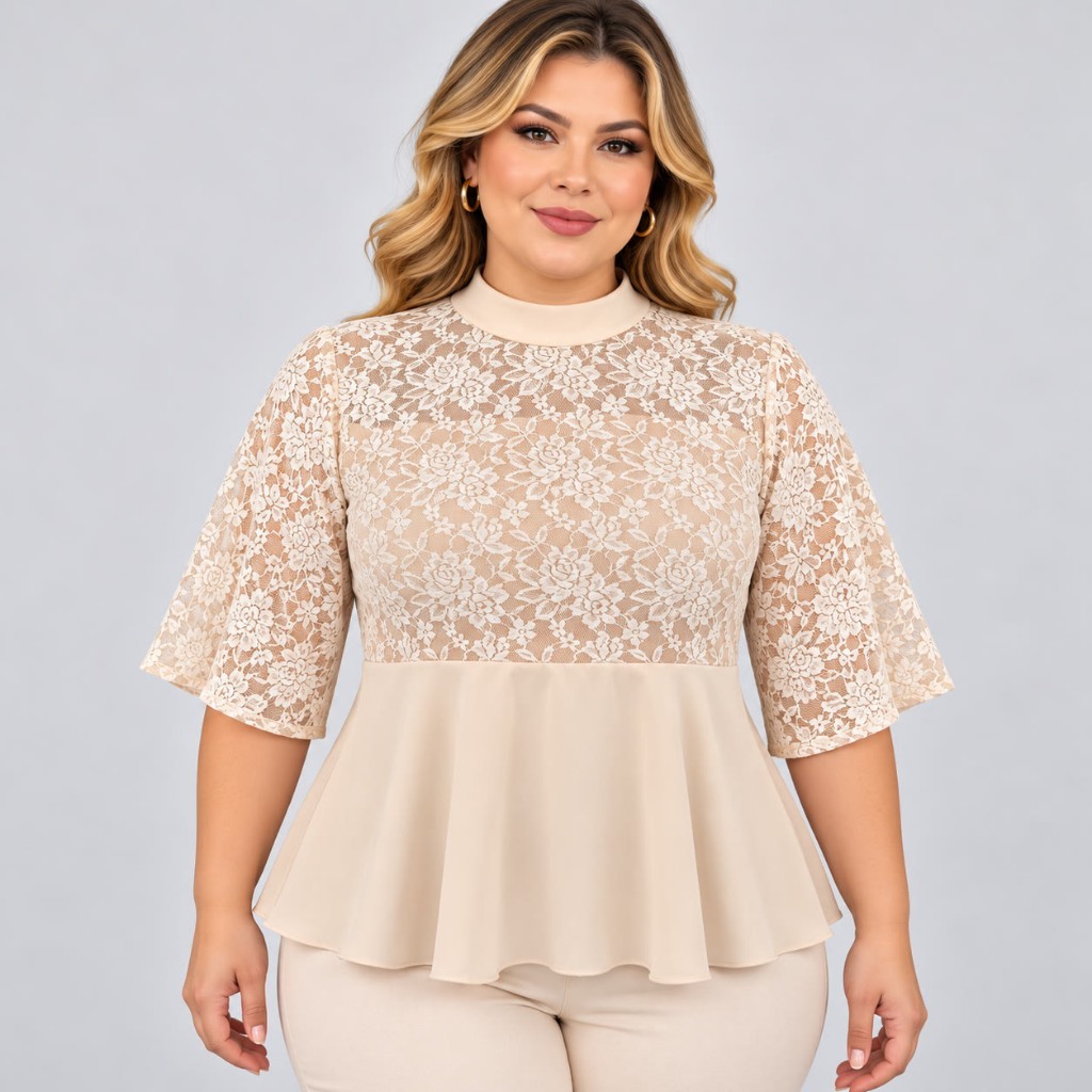 Blusa Feminina Plus Size Class Peplum em Crepe com Renda Gola Alta ...