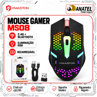 Mouse Gamer Sem Fio Bluetooth 2.4G RGB Recarregável Ergonômico para PC Notebook Silencioso Dual Mode H'Maston MS08