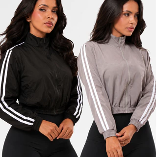 KIT 2 Jaqueta Corta Vento Feminina Fitness com Listras na Manga Zíper Esportivo Academia Corrida