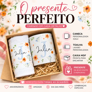 Kit Presente Personalizado Caneca 325ml + Toalha Lavabo + Caixa MDF