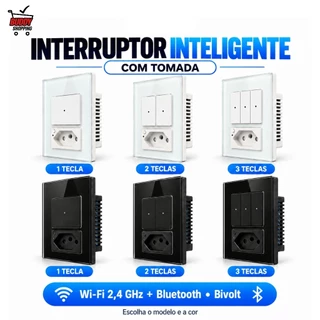 Interruptor Inteligente Wi-Fi com Tomada Aitek Alexa Bivolt 1 2 3 Teclas Branco Preto ALPHA-140