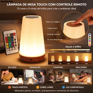 Luminária LED Para Quarto Luz Noturna 13 Cores Recarregável com Controle Remoto e Toque 3 Modos touch or remote control