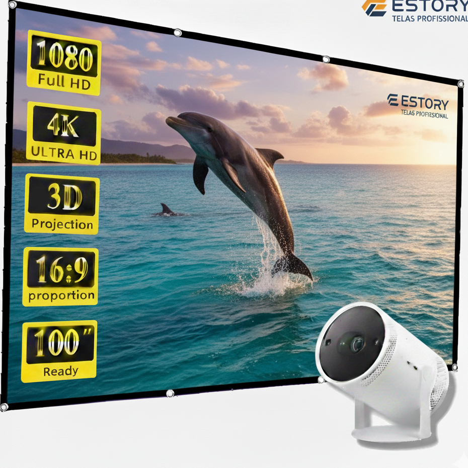ESTORY TELAS Telão Projetor Projeção 4k Full Hd 100 Polegadas Branca ...