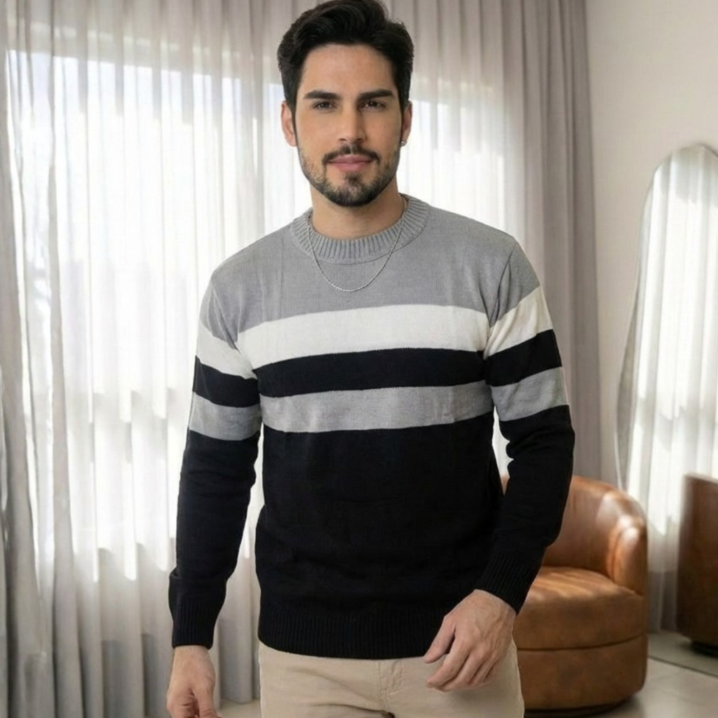 Blusa Masculina Manga Longa Gola Redonda Suéter Tricot Listrado Inverno Casual