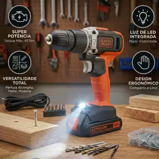 Furadeira e Parafusadeira Elétrica Com Impacto Bivolt a Bateria Sem fio 10mm Black Decker BCD704C1 em Oferta na Shopee