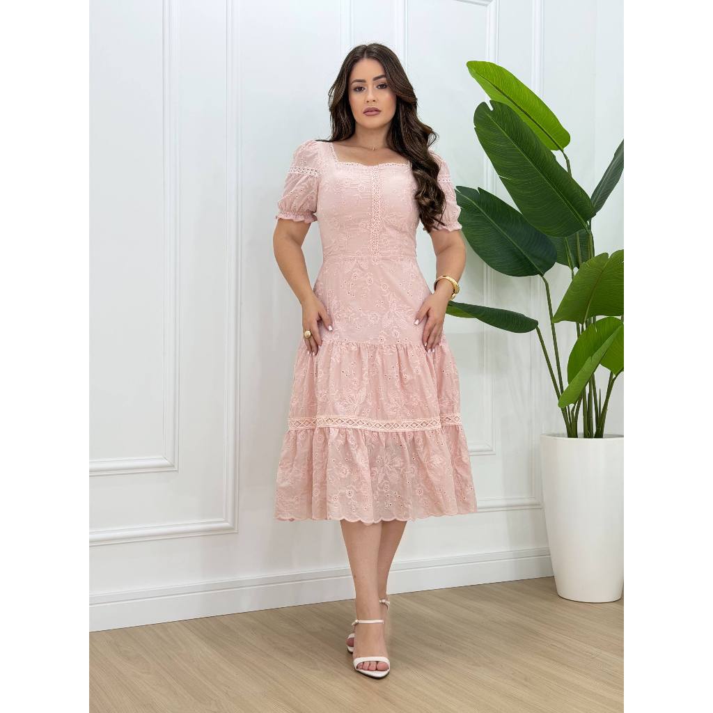 Vestido Feminino Midi Evangélico De Lese 100% Algodão Forrado Com