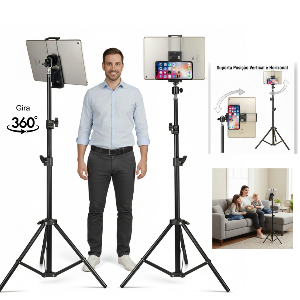 Tripé Celular Profissional 2m Alumínio Para iPhone iPad Tabl Preto Suporte para Celular e Tablet + Cabeça Ball Head 360°
