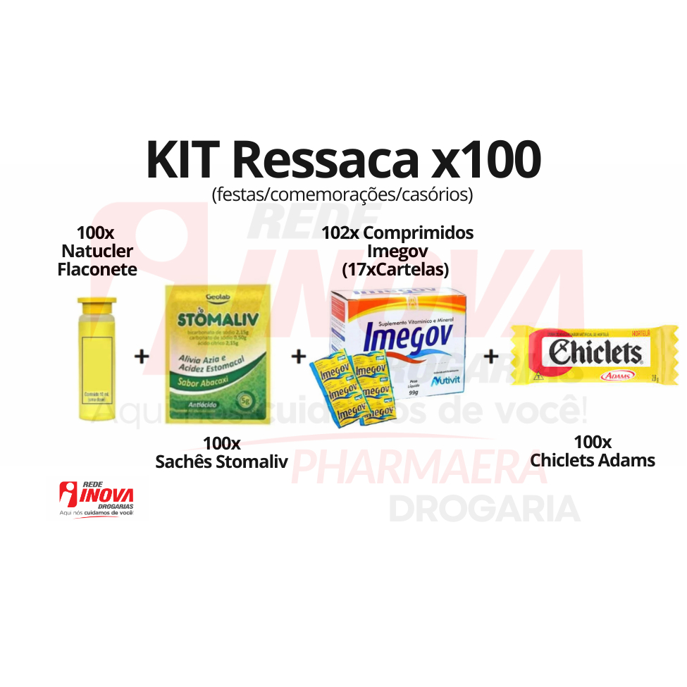 Kit Ressaca 100 Flaconetes + 100 Envelopes Efervescentes + 102 ...