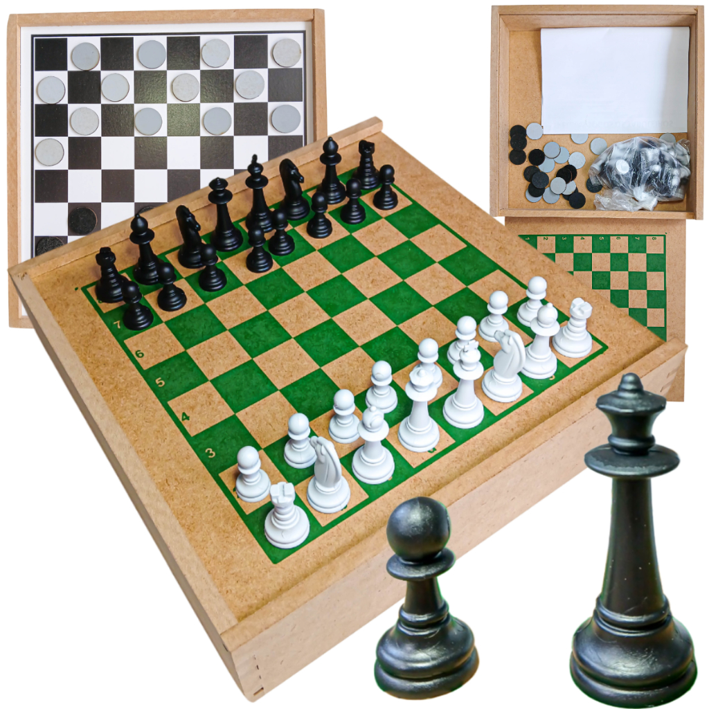 Jogo De Xadrez E Dama Tabuleiro 2x1 Brinquedo Educativo De Madeira