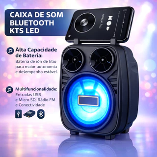 Caixa Som Bluetooth KTS Potente Recarregavel Radio FM Portatil LED Alto Falante Compacto