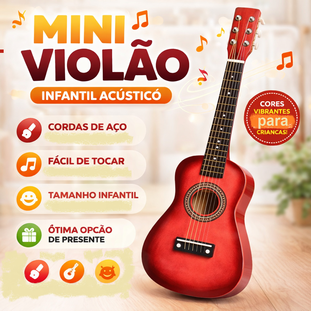 Mini Violão Infantil Acústico Cordas de Aço Tamanho Criança Fácil de ...