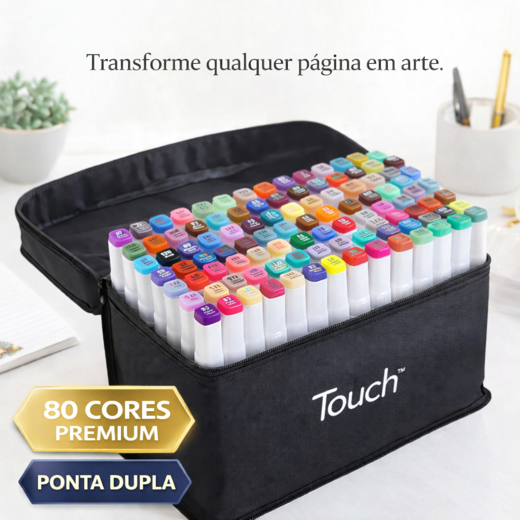 Conjunto 80 Canetas Coloridas Ponta Dupla Profissional com Estojo