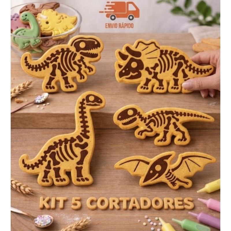 Kit 5 Cortadores de Biscoito Dinossauro Fóssil para Pasta Am