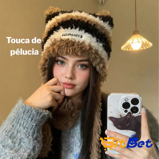 Touca De Lã Listrada Com Pompom Gorro De Urso Feminina Quente INVERNO-05