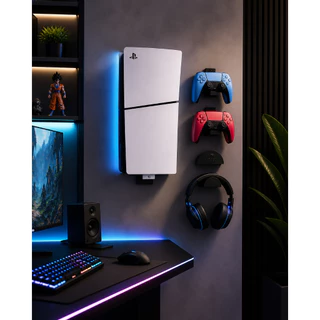 Suporte de Parede PS5 com Porta Controle e Headset, Organizador Gamer, Kit Completo, Setup Moderno