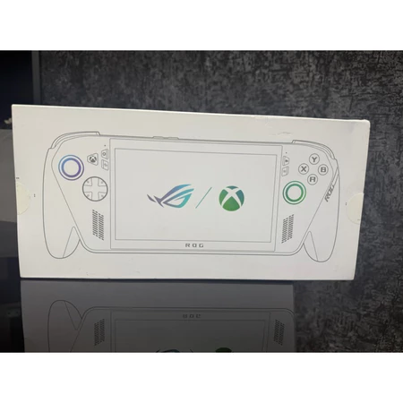 Embalagem do console portátil Asus ROG Ally mostrando o contorno do dispositivo e logotipos da ROG e Xbox