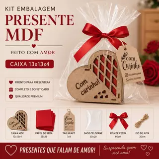Kit Embalagem Completa Para Presente Caixa MDF Coração + Papel de Seda + Saco de Celofane + Tag + Fio de Juta + Fita