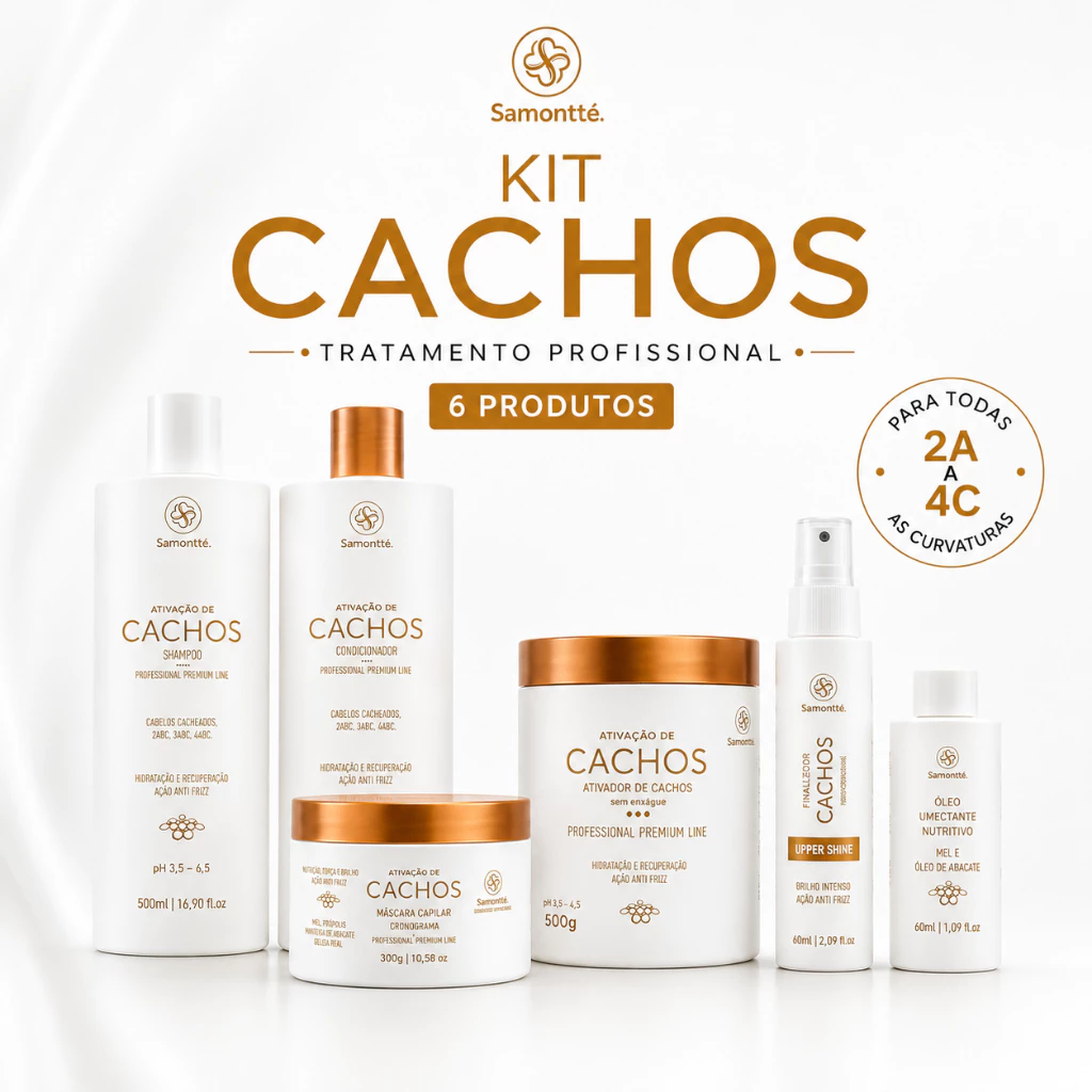 Kit Cachos Profissional S’amontté 6 Itens Ativador 500g Hidratação Nutrição Anti Frizz Curly 2A a 4C