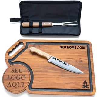 Kit Churrasco Tábua Estojo Com Faca Garfo Inox Kit Personalizado Rustico Corte Cozinha Carne Madeira Teca