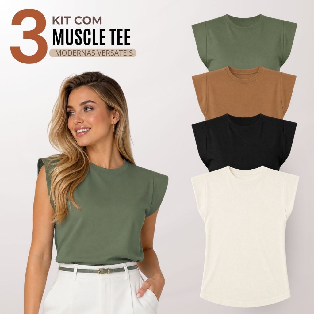 Kit 3 Blusas Feminina Muscle Tee 100% Algodão